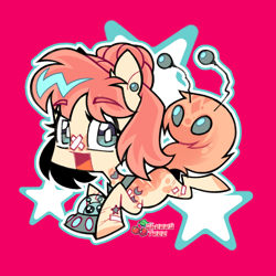 Size: 1300x1300 | Tagged: safe, artist:cherry_tree, imported from derpibooru, oc, alien, alien pony, pony, chibi, cute, female, full body, happy, pink background, simple background, solo, stars, toy