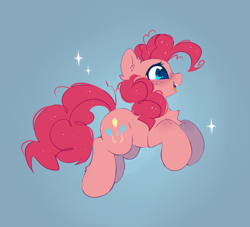 Size: 2200x2000 | Tagged: safe, artist:mirtash, imported from derpibooru, pinkie pie, earth pony, pony, blue background, chest fluff, cute, diapinkes, ear fluff, female, freckles, high res, mare, open mouth, open smile, profile, side view, simple background, smiling, solo, sparkles, tail