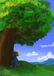 Size: 2480x3508 | Tagged: safe, artist:single purpose, imported from derpibooru, oc, oc only, oc:treading step, pegasus, cloud, eyes closed, field, grass, male, painting, smiling, solo, tree