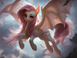 Size: 3072x2304 | Tagged: safe, imported from derpibooru, fluttershy, bat, bat pony, ai content, ai generated, bat ponified, flutterbat, flying, generator:pony diffusion v6 xl, generator:stable diffusion, long hair, looking at you, moonlight, prompt in description, prompter:derp621, race swap, solo