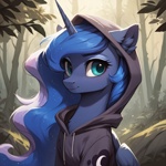 Size: 2048x2048 | Tagged: safe, imported from derpibooru, princess luna, alicorn, pony, ai content, ai generated, chest fluff, clothes, cute, ear fluff, forest background, generator:autismmix pony, generator:stable diffusion, hoodie, horn, prompter:liladash, sitting, smiling, solo, wings