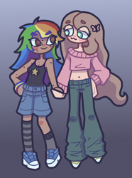 Size: 2160x2900 | Tagged: safe, artist:chaos4cringe, imported from derpibooru, fluttershy, rainbow dash, human, :3, alternate hairstyle, belly button, blushing, clothes, dark skin, denim, duo, duo female, female, flutterdash, freckles, holding hands, humanized, jeans, lesbian, looking at each other, looking at someone, midriff, mismatched socks, natural hair color, pants, shipping, shoes, shorts, size difference, sneakers, socks, stockings, striped socks, sweater, sweatershy, tanktop, thigh highs