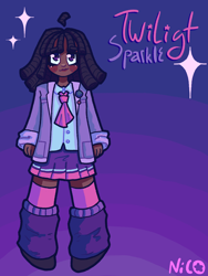 Size: 2160x2880 | Tagged: safe, artist:chaos4cringe, imported from derpibooru, twilight sparkle, human, alternate hairstyle, badge, blushing, clothes, coat, dark skin, dreadlocks, female, freckles, humanized, leg warmers, name, shirt, shoes, skirt, socks, solo, stockings, thigh highs