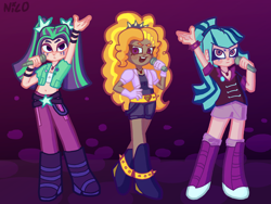 Size: 2880x2160 | Tagged: safe, artist:chaos4cringe, imported from derpibooru, adagio dazzle, aria blaze, sonata dusk, human, belly button, belt, boots, clothes, dark skin, denim, female, gem, gloves, high heel boots, humanized, jeans, leggings, microphone, midriff, open mouth, pants, shirt, shoes, singing, siren gem, skirt, socks, spiked wristband, the dazzlings, trio, trio female, wristband