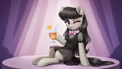 Size: 2560x1440 | Tagged: safe, imported from derpibooru, octavia melody, earth pony, pony, ai content, ai generated, blushing, bow, clothes, dress, drink, female, generator:autismmix confetti, leaning back, looking at you, mare, one eye closed, prompter:siber, see-through, see-through skirt, sitting, skirt, smiling, solo, wink, winking at you