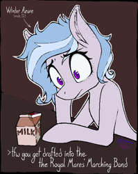 Size: 1000x1255 | Tagged: safe, artist:chrysopoeia, artist:pinkberry, imported from derpibooru, oc, oc:winter azure, earth pony, pony, chocolate, chocolate milk, colt, eyelashes, foal, food, hoof on head, male, milk, mistaken gender, shrunken pupils, solo, trap, worried