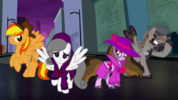 Size: 1280x720 | Tagged: safe, artist:noi kincade, imported from derpibooru, oc, oc only, oc:firey ratchet, oc:oliver spade, oc:princess kincade, oc:roger frederick, alicorn, pegasus, city, clothes, detective, fedora, female, hat, male, night, trenchcoat