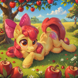 Size: 2048x2048 | Tagged: safe, artist:venisoncreampie, imported from derpibooru, apple bloom, earth pony, pony, ai assisted, ai content, apple, blushing, female, food, generator:pony diffusion v6 xl, generator:stable diffusion, looking at you, lying down, prone, solo, solo female, sweat, sweet apple acres