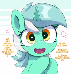 Size: 2862x2985 | Tagged: safe, artist:pabbley, imported from derpibooru, lyra heartstrings, pony, unicorn, bronybait, dialogue, female, heart, heart eyes, hooves together, horn, implied anon, looking at you, open mouth, open smile, smiling, smiling at you, solo, stuttering, text, wingding eyes