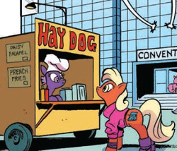 Size: 364x312 | Tagged: safe, artist:andy price, idw, imported from derpibooru, earth pony, pony, spoiler:comic, spoiler:comic64, cart, clothes, comic, female, hay dog, mare, official comic, unnamed character, unnamed pony