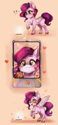 Size: 1394x2968 | Tagged: safe, artist:polnocnykot, imported from derpibooru, pipp petals, pegasus, pony, 3 panel comic, :3, adorable face, adorapipp, blushing, cellphone, chest fluff, comic, cute, ear fluff, eyebrows, eyebrows visible through hair, eyelashes, feathered wings, female, filly, filly pipp petals, floating heart, foal, folded wings, frog (hoof), g5, glowing, happy, heart, hnnng, hooves, jumping, looking at you, looking down, looking down at you, missing accessory, open mouth, open smile, phone, photo, question mark, raised hoof, selfie, simple background, smiling, spread wings, starry eyes, underhoof, unshorn fetlocks, wavy mane, wingding eyes, wings, younger