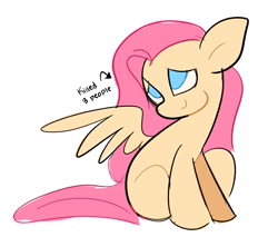 Size: 1521x1296 | Tagged: safe, artist:squidbly, imported from derpibooru, fluttershy, pegasus, pony, cute, dissonant caption, female, implied death, implied murder, mare, missing cutie mark, shyabetes, simple background, sitting, solo, text, white background