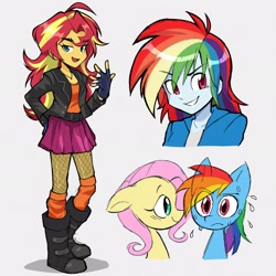 Size: 2048x2048 | Tagged: safe, artist:verafan4ever, imported from derpibooru, fluttershy, rainbow dash, sunset shimmer, human, pegasus, pony, equestria girls, boots, bust, clothes, eye clipping through hair, eyebrows, eyebrows visible through hair, female, fingerless gloves, fishnet clothing, fishnets, flutterdash, full body, gloves, high res, jacket, leather, leather jacket, lesbian, looking at you, mare, shipping, shoes, skirt, smiling, smiling at you, socks, stockings, sweat, thigh highs, trio, trio female