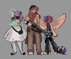 Size: 3267x2750 | Tagged: safe, artist:linatron, imported from derpibooru, apple bloom, scootaloo, sweetie belle, human, alternate universe, apocalypse, cutie mark crusaders, elf ears, gray background, height difference, helmet, horn, horned humanization, humanized, infected, infection au, magic, mlp infection, physique difference, simple background, winged humanization, wings