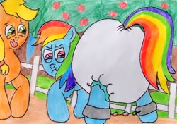 Size: 3305x2329 | Tagged: safe, artist:bitter sweetness, imported from derpibooru, applejack, rainbow dash, earth pony, pegasus, pony, :t, abdl, adult foal, ankle chain, blue sky, bondage, diaper, diaper butt, diaper fetish, dirt road, fetish, green eyes, high res, looking back, non-baby in diaper, open mouth, open smile, pink eyes, poofy diaper, smiling, sweet apple acres, tied up, traditional art, tree