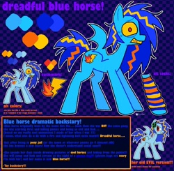 Size: 1010x990 | Tagged: safe, artist:koidial, imported from derpibooru, oc, oc only, oc:dreadful blue horse!, bat pony, pony, alternate color palette, backstory in description, bat pony oc, bat wings, blue coat, blue mane, blue tail, blue text, checkered background, clothes, color palette, colored sclera, colored teeth, eyestrain warning, female, leg warmers, long description, long mane, mare, messy mane, messy tail, multicolored mane, multicolored tail, nervous, no catchlights, no pupils, orange text, outline, patterned background, ponysona, profile, purple text, red eyes, reference sheet, saturated, sharp teeth, signature, solo, spiky mane, spiky tail, spread wings, standing, sweat, sweatdrop, tail, teeth, text, three toned mane, three toned tail, tri-color mane, tri-color tail, tri-colored mane, tri-colored tail, tricolor mane, tricolor tail, tricolored mane, tricolored tail, wings, yellow sclera, yellow teeth, yellow text