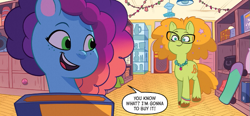 Size: 657x305 | Tagged: safe, idw, imported from derpibooru, earth pony, pony, unicorn, spoiler:comic, spoiler:g5comic, comic, cute, female, g5, glasses, gradient mane, horn, jewelry, mare, maretime bay, maretime mysteries #1, misty brightdawn, mistybetes, my little pony: maretime mysteries, necklace, official comic, unnamed character, unnamed pony