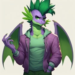 Size: 468x468 | Tagged: safe, imported from derpibooru, spike, anthro, dragon, ai content, ai generated, clothes, g4, jacket, looking at you, male, older, older spike, open clothes, open jacket, solo, winged spike, wings