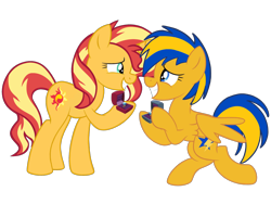 Size: 2048x1536 | Tagged: safe, artist:mlpfan3991, artist:ry-bluepony1, imported from derpibooru, sunset shimmer, oc, oc:flare spark, pegasus, unicorn, canon x oc, female, flareset, horn, jewelry, lesbian, mare, marriage proposal, ring, simple background, smiling, transparent background, wedding ring