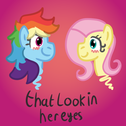 Size: 668x667 | Tagged: safe, artist:zoeyhorse, imported from derpibooru, fluttershy, rainbow dash, pegasus, pony, blush scribble, blushing, bust, cute, dashabetes, female, flutterdash, gradient background, lesbian, looking at each other, looking at someone, looking into each others eyes, shipping, shyabetes, smiling, smiling at each other, text