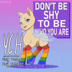 Size: 2000x2000 | Tagged: safe, artist:erein, imported from derpibooru, pony, advertisement, any gender, any race, auction, auction open, clothes, commission, ears up, gradient background, high res, horn, lgbt, looking at you, open mouth, pride, pride month, pride socks, simple background, smiling, smiling at you, solo, text, wings, ych sketch, your character here