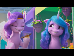 Size: 1024x768 | Tagged: safe, imported from derpibooru, screencap, izzy moonbow, pipp petals, pegasus, pony, unicorn, spoiler:g5, spoiler:my little pony: make your mark, spoiler:my little pony: make your mark chapter 2, spoiler:mymc02e01, cellphone, duo, duo female, eyes closed, female, flying, g5, grin, hoof hold, horn, izzy does it, looking at someone, mare, my little pony: make your mark, my little pony: make your mark chapter 2, nervous, nervous grin, open mouth, open smile, phone, smartphone, smiling, spread wings, wings