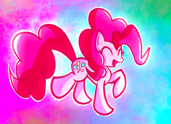 Size: 2048x1486 | Tagged: safe, artist:missing-elixir, imported from derpibooru, pinkie pie, earth pony, pony, ^^, concave belly, eyes closed, female, mare, multicolored background, open mouth, open smile, outline, raised hoof, smiling, solo