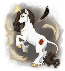 Size: 2100x2300 | Tagged: safe, artist:altruistartist, imported from derpibooru, oc, unnamed oc, classical unicorn, pony, unicorn, brown mane, cloven hooves, colored hooves, ear piercing, gold hooves, green eyes, hooves, horn, leonine tail, magic, paper, partially transparent background, piercing, quill, solo, telekinesis, unicorn beard, unicorn oc, unshorn fetlocks, white coat