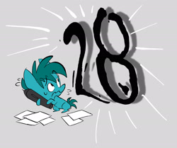 Size: 2048x1715 | Tagged: safe, artist:chub-wub, imported from derpibooru, oc, oc only, oc:doodle mark, earth pony, pony, big head, birthday, birthday art, blue coat, chibi, earth pony oc, emanata, eyebrows, eyebrows visible through hair, frown, gray background, green mane, green tail, hoof hold, looking at something, male, missing cutie mark, no catchlights, number, paper, plewds, raised eyebrow, simple background, solo, stallion, stallion oc, sweat, sweatdrop, tablet pen, tail, teal coat, wavy mouth