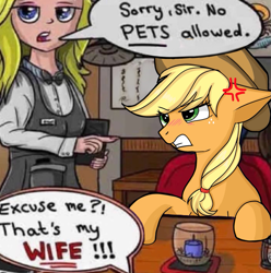 Size: 1031x1039 | Tagged: safe, anonymous artist, artist:celsian, edit, applejack, earth pony, human, pony, angry, apron, blonde, blushing, cafe, candle, chef, chef's hat, clothes, dialogue, emanata, female, floppy ears, food, glare, gritted teeth, hat, headwear, hooves on the table, imminent pain, implied marriage, interspecies, jewelry, male, mare, married couple, menu, name tag, necklace, offscreen character, offscreen human, offscreen male, pov, restaurant, salt shaker, self insert, speech bubble, table, teeth, text, this will end in property damage, this will end in tears, unamused, upset, waifu, waitress, watch, wife, woman