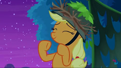 Size: 960x540 | Tagged: safe, imported from derpibooru, screencap, applejack, the great seedling, earth pony, pony, going to seed, season 9, spoiler:s09, cute, eyes closed, female, helmet, jackabetes, mare, night, smiling, solo