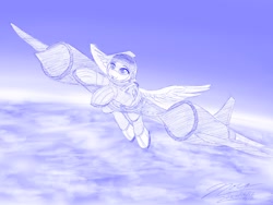 Size: 1920x1440 | Tagged: safe, artist:novaintellus, imported from derpibooru, pegasus, pony, astronaut, atg 2024, flying, monochrome, newbie artist training grounds, solo, spacesuit, traditional art