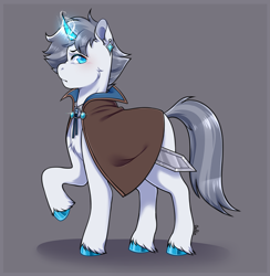 Size: 2433x2497 | Tagged: safe, artist:artchoiaila, imported from derpibooru, oc, oc only, oc:lancer thunderstride, pony, unicorn, blue eyes, blue hooves, cape, clothes, collar, commission, ear piercing, earring, electricity, gray background, gray mane, gray tail, grey hair, horn, jewelry, light skin, lightning, male, piercing, simple background, solo, stallion, sword, weapon
