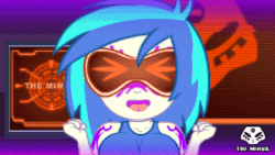 Size: 300x169 | Tagged: safe, artist:theminus, imported from derpibooru, dj pon-3, vinyl scratch, human, equestria girls, animated, bouncing, bouncing breasts, breasts, cyberpunk, female, goggles, open mouth, piercing, solo, tongue out, tongue piercing, watermark