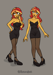 Size: 1612x2272 | Tagged: safe, artist:tacoman dusct, imported from derpibooru, sunset shimmer, human, equestria girls, black dress, blushing, clothes, dress, erect nipples, full body, glitter dress, high heels, knee blush, lipstick, looking at you, looking sideways, makeup, nipple outline, pantyhose, pose, reference sheet, shoes, simple background, solo