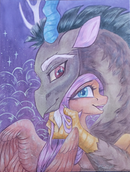 Size: 2228x2953 | Tagged: safe, artist:jsunlight, imported from derpibooru, discord, fluttershy, draconequus, pegasus, pony, duo, duo male and female, female, hug, male, signature, smiling, traditional art, watercolor painting