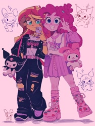 Size: 1536x2048 | Tagged: safe, alternate version, artist:dreamz, imported from derpibooru, pinkie pie, sunset shimmer, human, rabbit, equestria girls, animal, blush sticker, blushing, cellphone, clothes, duo, duo female, ear piercing, eyebrows, female, harajuku, kuromi, looking at you, my melody, pants, peace sign, phone, piercing, pink background, platform boots, ripped pants, sanrio, shadow, simple background, smiling, smiling at you, sparkles, torn clothes