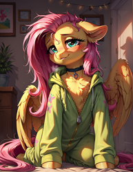 Size: 1000x1296 | Tagged: safe, imported from derpibooru, fluttershy, pegasus, pony, ai content, ai generated, blush lines, blushing, chest fluff, choker, female, generator:pony diffusion v6 xl, generator:stable diffusion, heavy breathing, indoors, looking at you, messy mane, onesie, prompter:lager ai, sitting, smiling, smiling at you, solo, sunset, tail, unzipped, wings