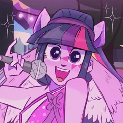 Size: 2048x2048 | Tagged: safe, artist:dreamz, imported from derpibooru, twilight sparkle, human, equestria girls, perfect day for fun, bare shoulders, bust, female, looking at you, microphone, my little pony equestria girls: rainbow rocks, open mouth, open smile, pony ears, rainbow rocks outfit, scene interpretation, signature, smiling, smiling at you, solo, sparkles, wings