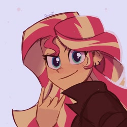 Size: 2048x2048 | Tagged: safe, artist:dreamz, imported from derpibooru, sunset shimmer, human, equestria girls, blue background, blushing, bust, clothes, devil horn (gesture), ear piercing, earring, female, jacket, jewelry, looking at you, piercing, signature, simple background, smiling, smiling at you, solo