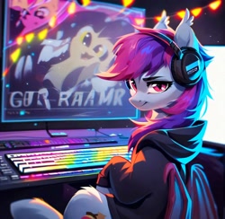 Size: 4096x4004 | Tagged: safe, imported from derpibooru, oc, oc only, bat pony, ai content, ai generated, bat pony oc, bat wings, clothes, feral, gamer, generator:pony diffusion v6 xl, generator:purplesmart.ai, generator:stable diffusion, headset, hoodie, keyboard, looking at you, prompter:lost conn, rgb, wings