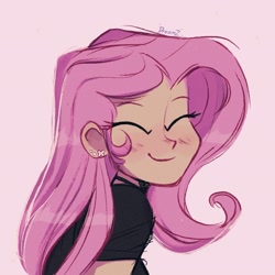 Size: 2048x2048 | Tagged: safe, artist:dreamz, imported from derpibooru, fluttershy, human, equestria girls, blushing, bust, ear piercing, eyes closed, female, looking at you, piercing, pink background, signature, simple background, smiling, smiling at you, solo