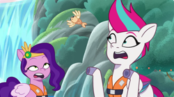 Size: 3200x1795 | Tagged: safe, imported from derpibooru, screencap, pipp petals, zipp storm, fish, pegasus, pony, spoiler:g5, spoiler:my little pony: tell your tale, spoiler:tyts02e14, flying fish, g5, my little pony: tell your tale, swing and a misty