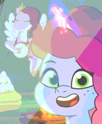 Size: 682x826 | Tagged: safe, imported from derpibooru, screencap, pipp petals, pegasus, pony, unicorn, spoiler:g5, spoiler:my little pony: tell your tale, spoiler:tyts02e14, animated, banjo, female, g5, horn, misty brightdawn, musical instrument, my little pony: tell your tale, night, open mouth, selfie, singing, swing and a misty