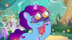 Size: 1280x720 | Tagged: safe, imported from derpibooru, screencap, pipp petals, queen haven, zipp storm, spoiler:g5, spoiler:my little pony: tell your tale, spoiler:tyts02e14, alphabittle blossomforth, binoculars, cloudpuff, forest, g5, misty brightdawn, my little pony: tell your tale, nature, swing and a misty, tree