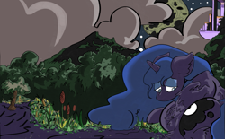 Size: 1411x877 | Tagged: safe, artist:ponny, imported from derpibooru, princess luna, alicorn, pony, canterlot, cloud, colored, forest, moon, nature, night, sad, solo, tree, water