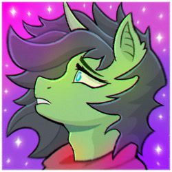 Size: 894x894 | Tagged: safe, artist:zefir_vibe, imported from derpibooru, oc, oc only, pony, unicorn, abstract background, background, blue eyes, bust, clothes, commission, digital art, ear fluff, eyebrows, female, floppy ears, gradient background, gradient mane, green, high res, horn, male, night, open mouth, open smile, portrait, shiny mane, short mane, signature, smiling, solo, space, sparkly eyes, stallion, starry background, stars, straight, two toned mane, unicorn horn, unicorn oc, wind, wingding eyes, ych result, your character here