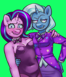 Size: 1208x1420 | Tagged: safe, artist:zigmeow, imported from derpibooru, starlight glimmer, trixie, anthro, unicorn, bipedal, blushing, bunny suit, clothes, erect nipples, female, horn, lesbian, nipple outline, shipping, startrix