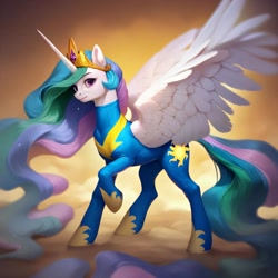 Size: 1024x1024 | Tagged: safe, imported from derpibooru, princess celestia, alicorn, pony, ai content, ai generated, clothes, crown, female, generator:pony diffusion v6 xl, generator:stable diffusion, jewelry, mare, one leg raised, prompt in description, prompter:anonymous, raised foreleg, regalia, solo, uniform, wonderbolts uniform