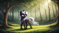 Size: 2560x1456 | Tagged: safe, imported from derpibooru, oc, oc only, changeling, changeling queen, ai content, ai generated, blank eyes, changeling oc, crepuscular rays, crown, eyelashes, eyeshadow, fangs, female, forest, generator:autismmix confetti, grass, jewelry, makeup, nature, necklace, prompter:siber, regalia, scenery, solo, tail, tree, walking, white mane, white tail